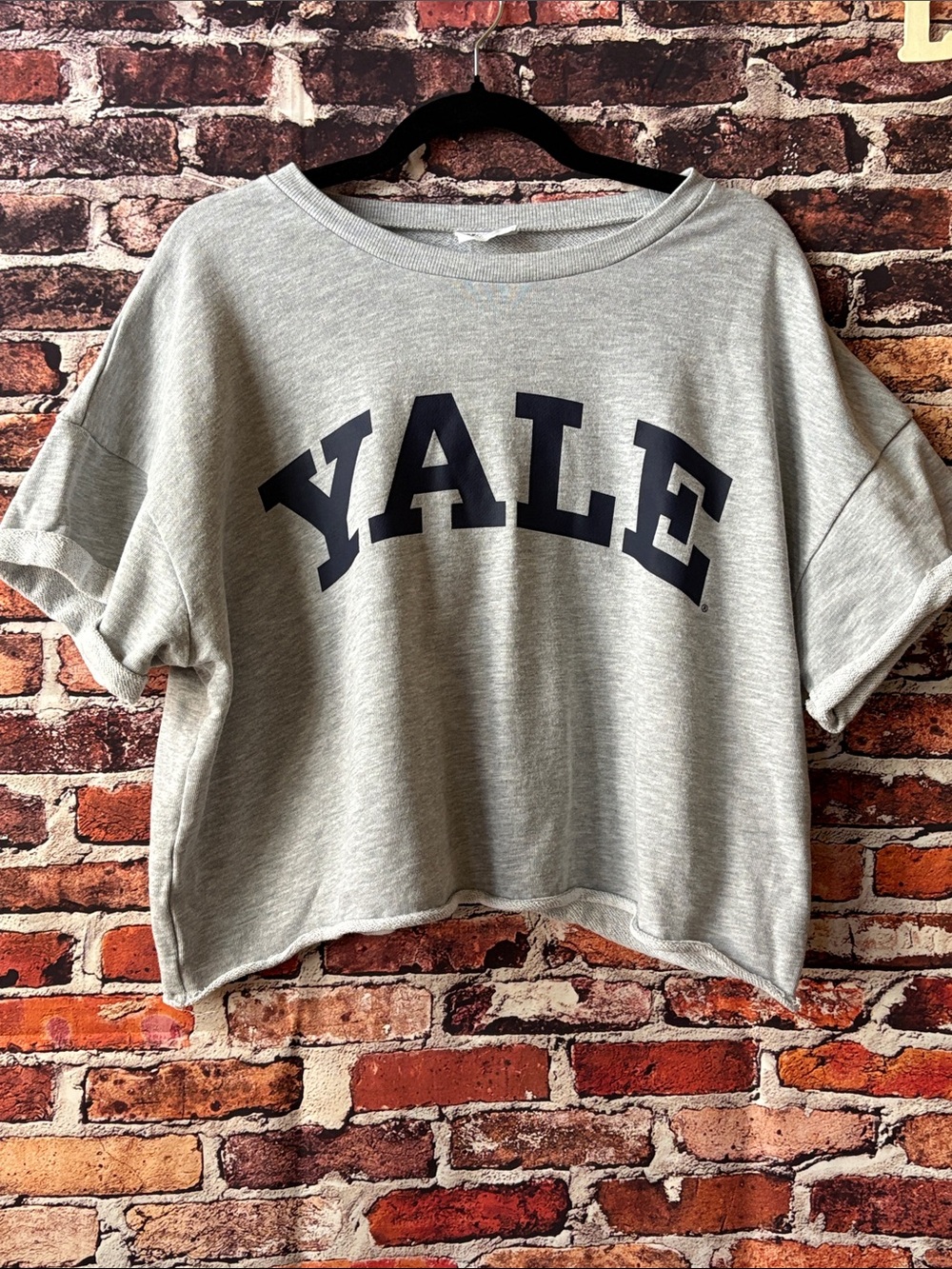 Grayson Threads Yale Univ. Light Gray Cropped Sweatshirt Navy Lettering Large